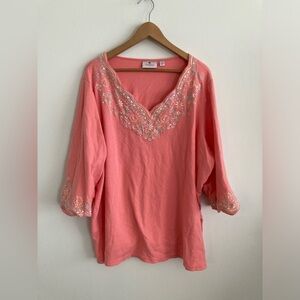 Quacker Factory 3X Shirt Top Peach Embellished Floral Embroidered 3/4 Sleeve